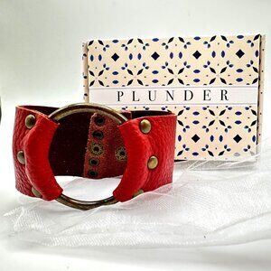 Red Leather Studded Circle Bracelet By Plunder With Snap Closure & Gift Box